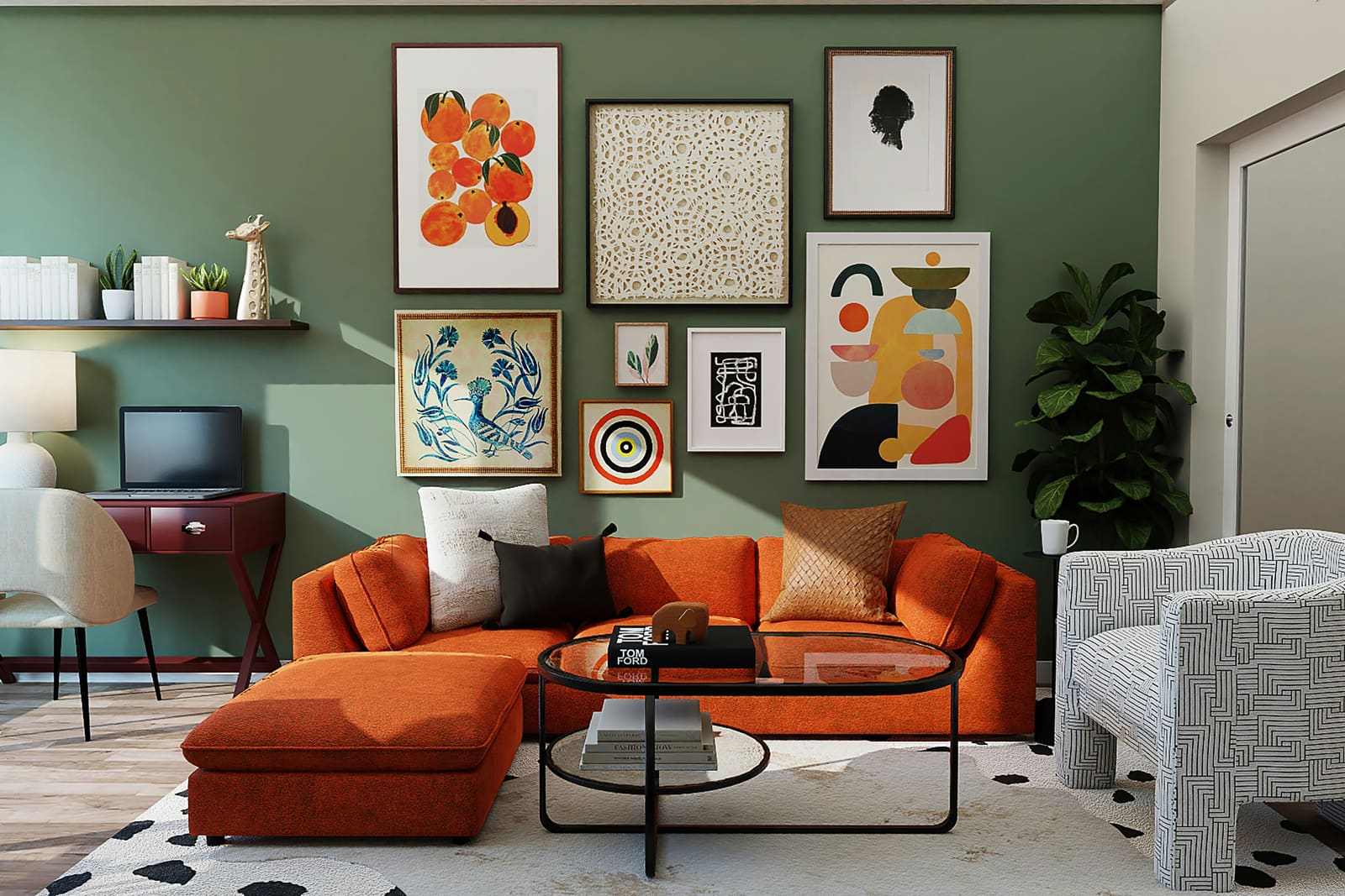 A living room with a gallery wall of framed prints above a sofa.